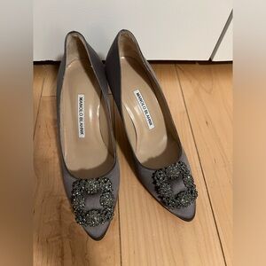 Manolo Blahnik Hangisi Grey Satin Jewel Buckle Pumps